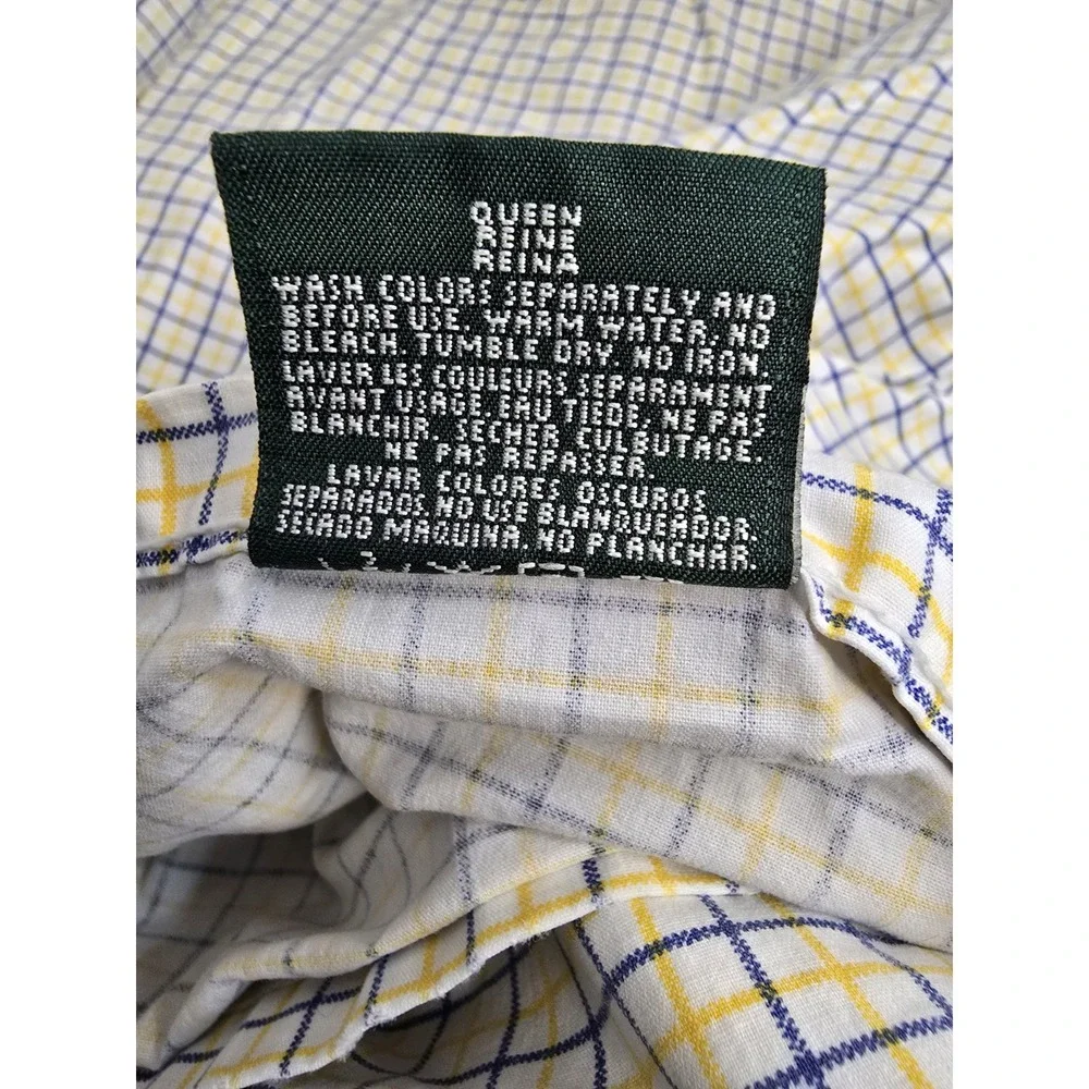 Lauren Ralph Lauren Yellow/Blue Check  QUEEN FLAT SHEET 100% Cotton. EUC